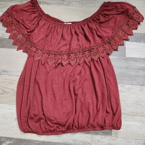 Boho Off-Shoulder Peasant Top with Crochet Lace Ruffle Fairycore Festival Sz S-M
